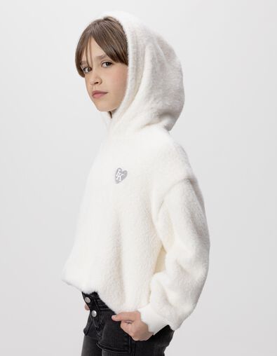 Sweat à capuche écru tout doux badge coeur fille - IKKS