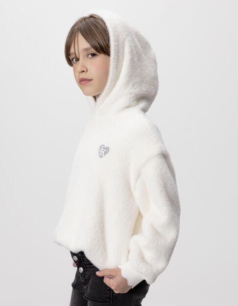Sweat à capuche écru tout doux badge coeur fille - IKKS