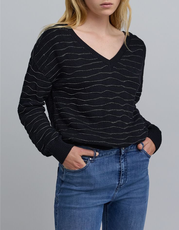 Pull noir devant/dos tricot rayures lurex Femme-2