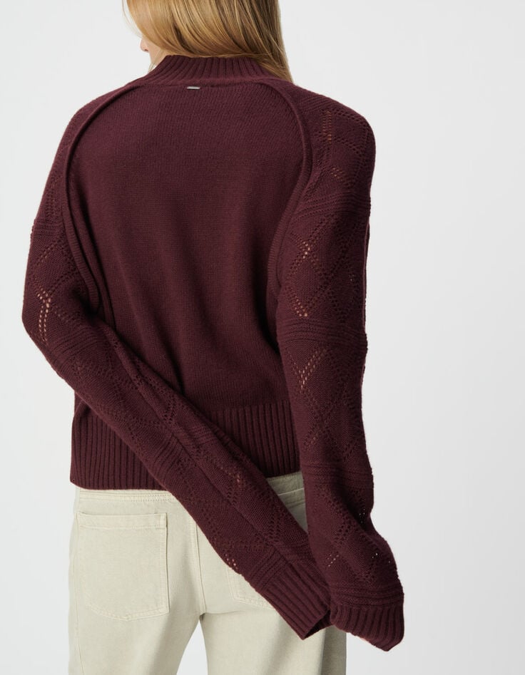 Pull bordeaux tricot manches ajourées Femme-5