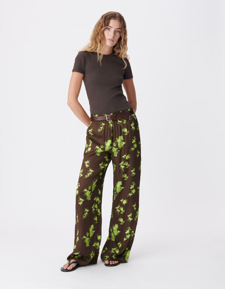 Pantalon fluide marron imprim&eacute; tachiste flou Femme-1