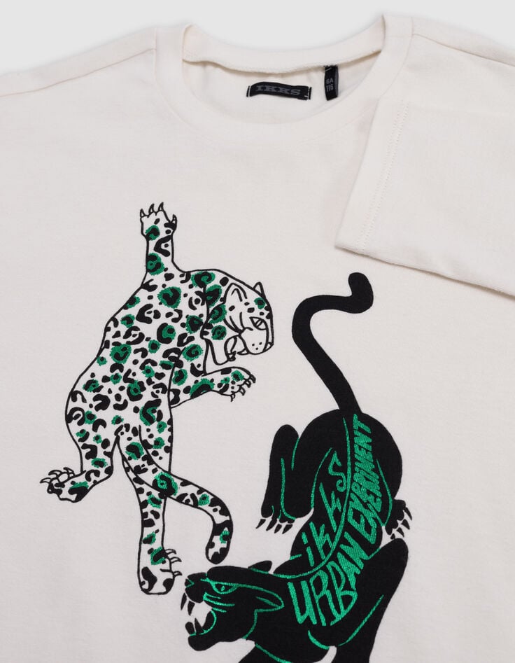 Boy's ecru organic cotton visual double panther T-shirt-6