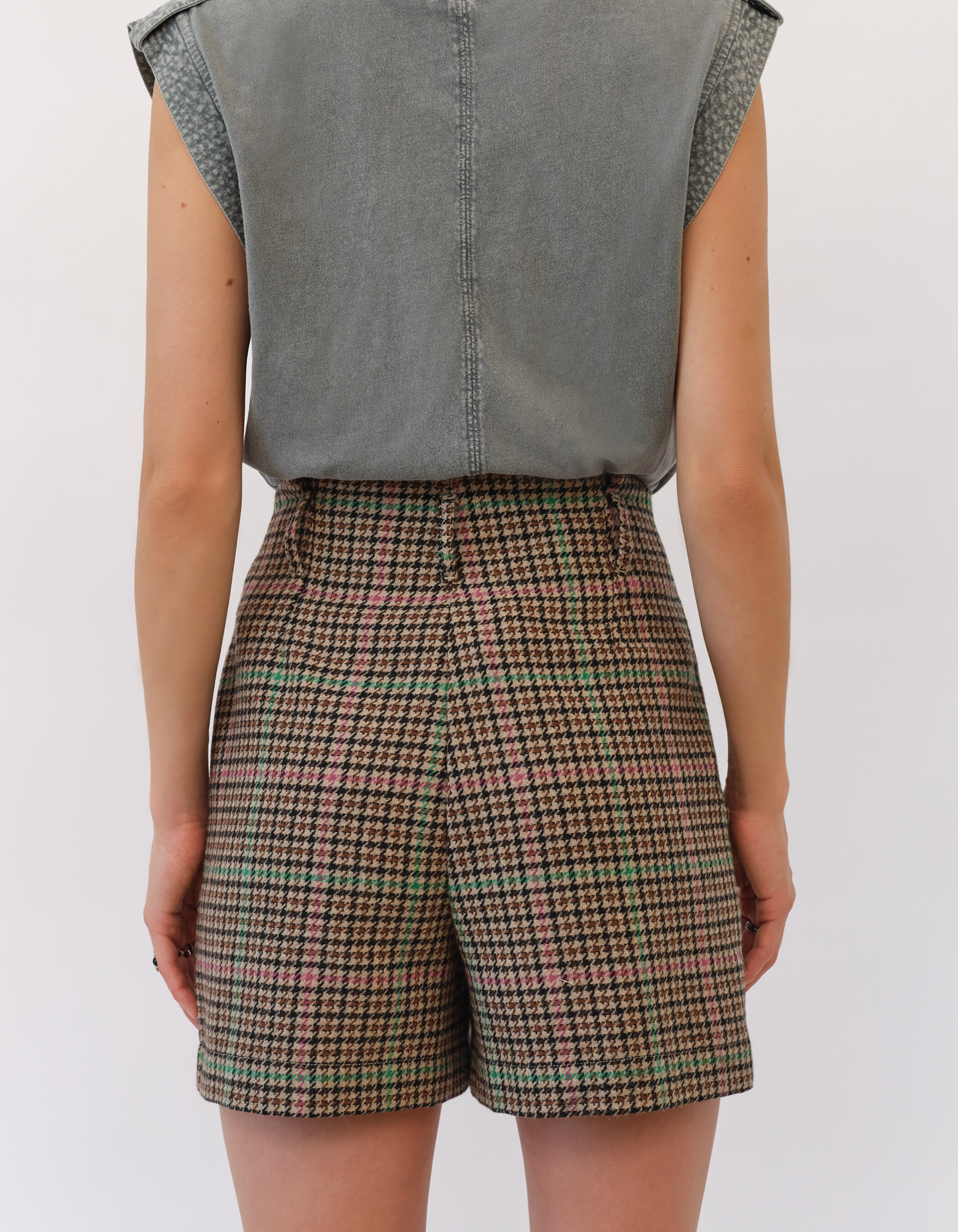 Short taille haute motif pied de poule rose et vert femme