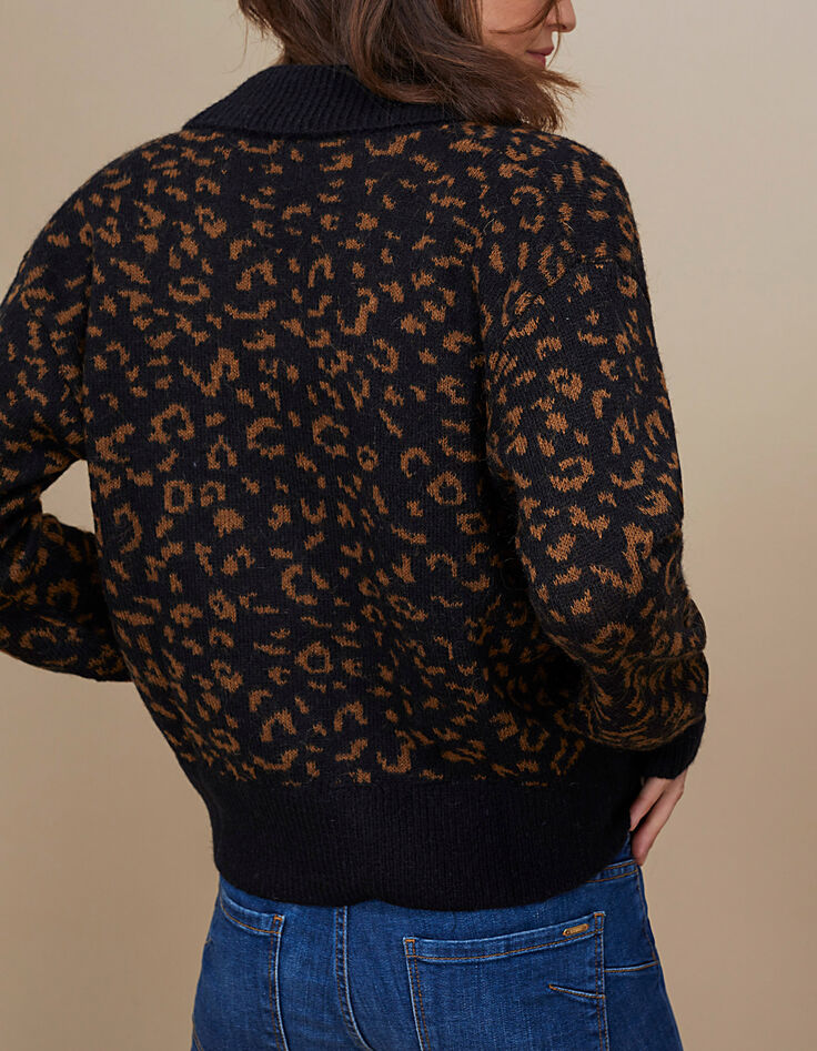 Cardigan fauve en tricot motif l&eacute;opard I.Code-3