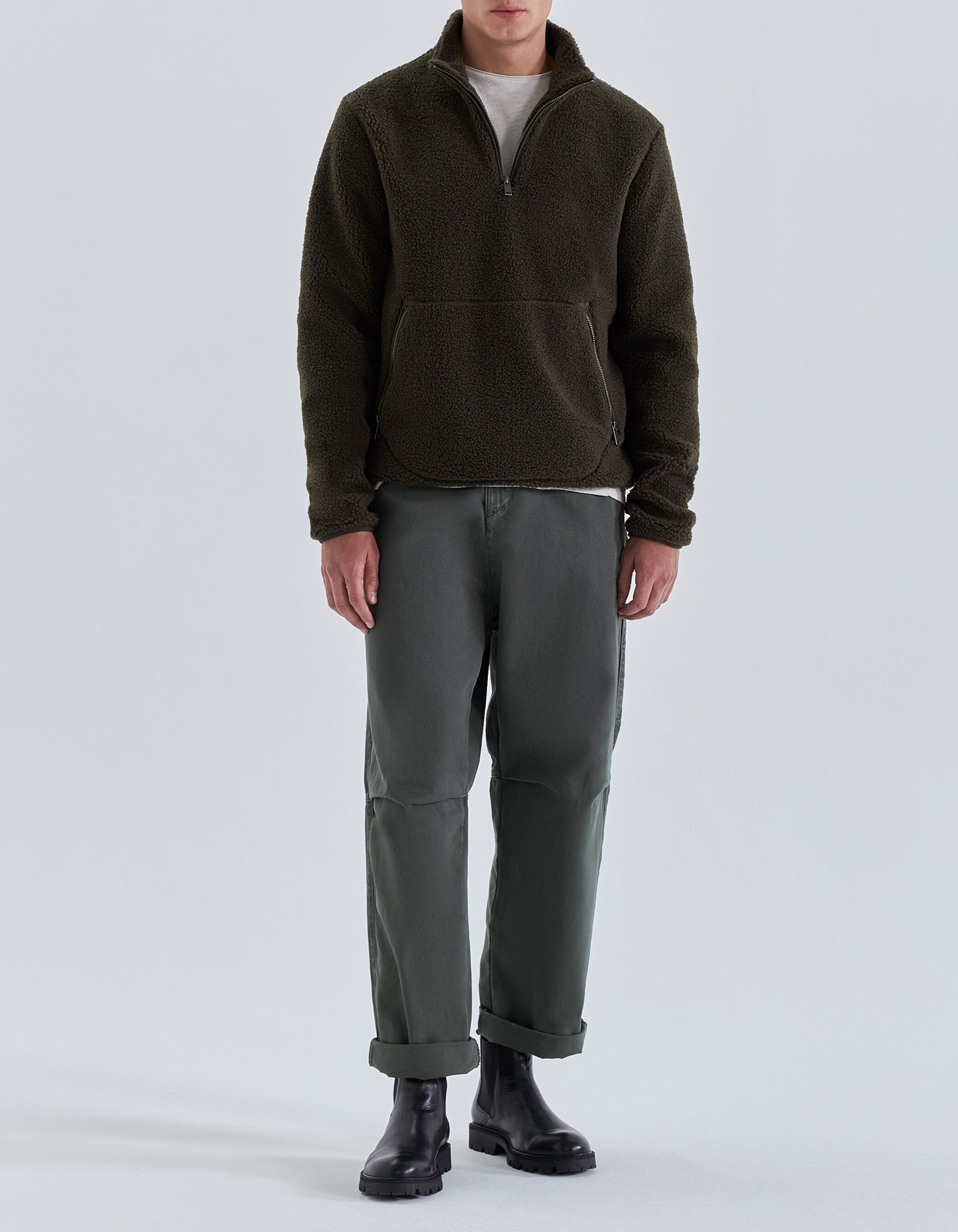 Men s khaki Sherpa sweatshirt with kangaroo pocket IKKS
