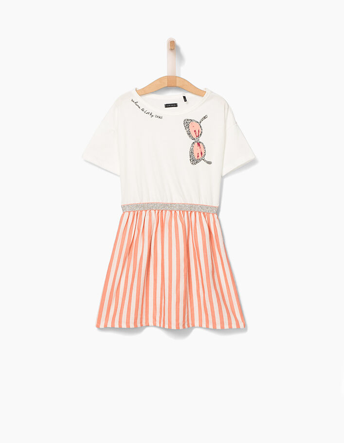 Girls’ peach mixed-fabric striped dress - IKKS