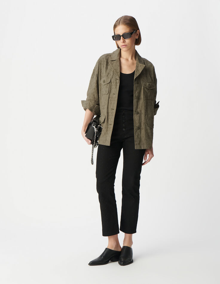 Women's organic cotton khaki safari jacket with broderie anglaise embroidery-2