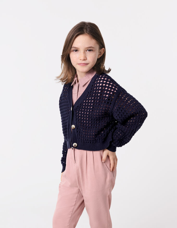 Cardigan marine coton bio tricot ajouré fille-8