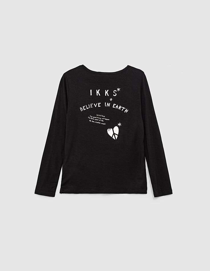 Girls’ black button-neck T-shirt + white lettering on back-2