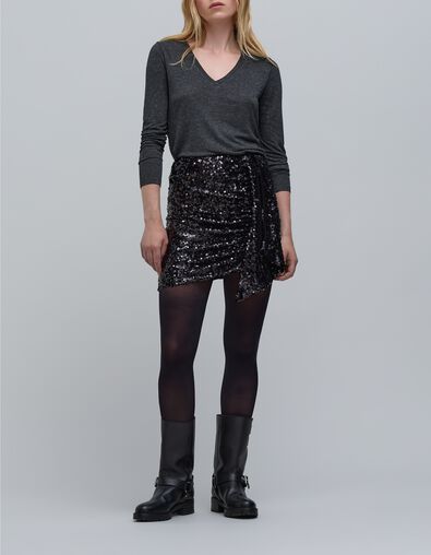 Graues T-Shirt aus Lurex-Strick mit Gourmet-Dekor f&uuml;r Damen - IKKS