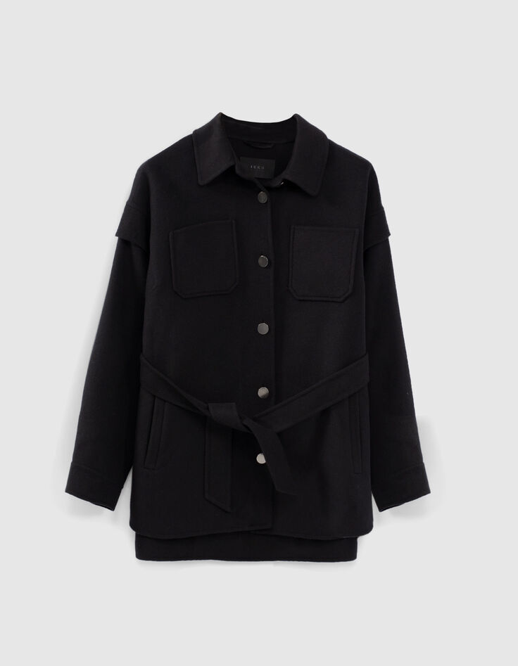 Zwarte jas-overshirt met riem dames-6