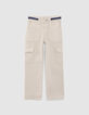 Girls' ecru cargo jeans with embroidered braid-1