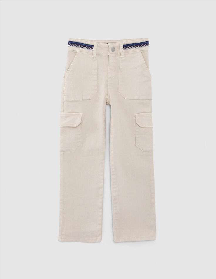 Girls' ecru cargo jeans with embroidered braid-1