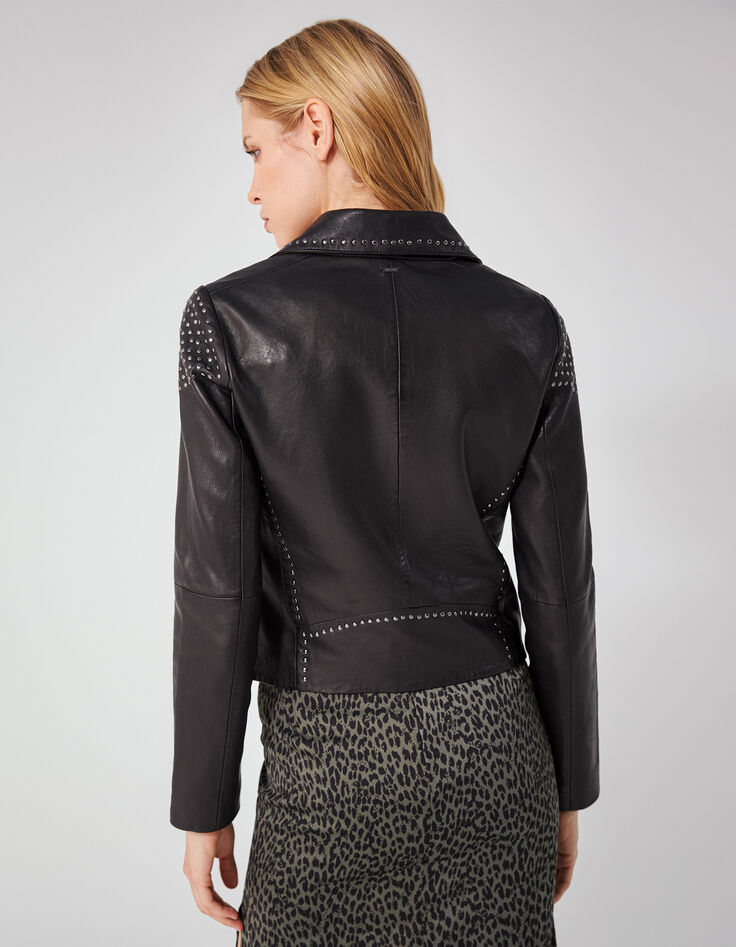 Women’s black leather stud shoulder/collar zipped jacket-3
