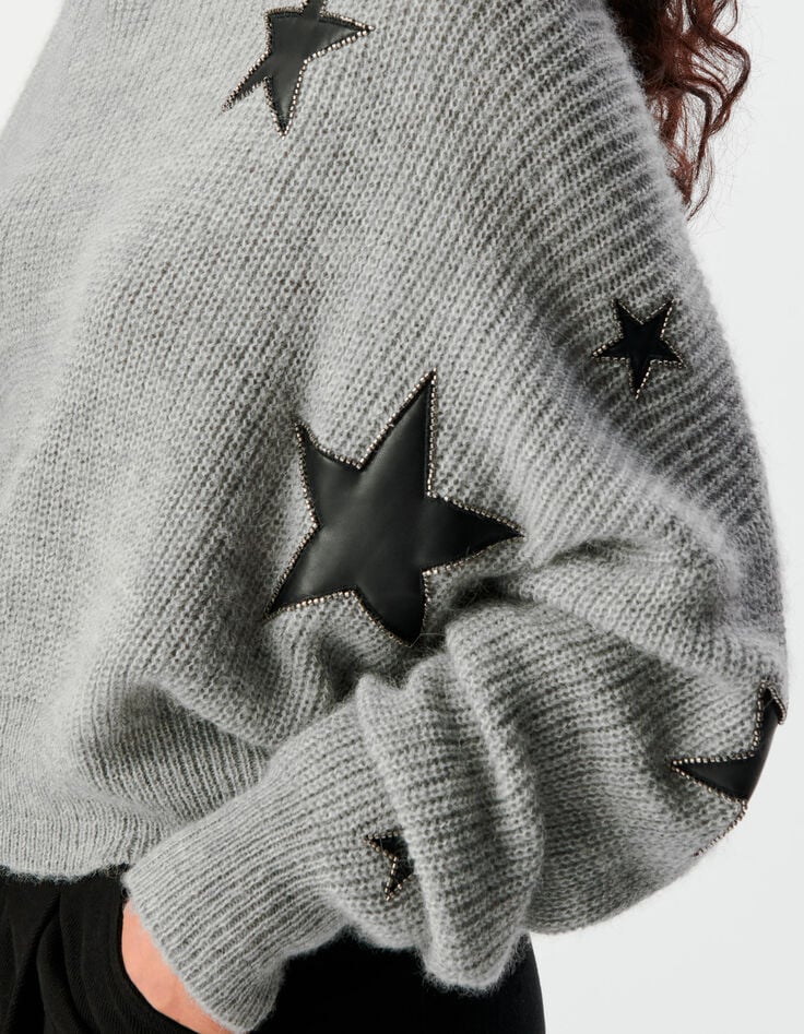 Grijze gebreide trui rock-inzetten sterren en kralen Dames-5 Grijze gebreide trui rock-inzetten sterren en kralen Dames-5