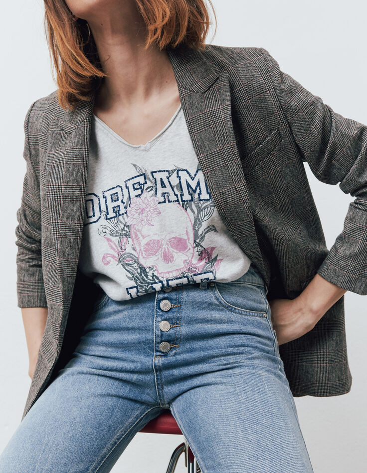 Women’s grey marl skull image organic cotton T-shirt-4