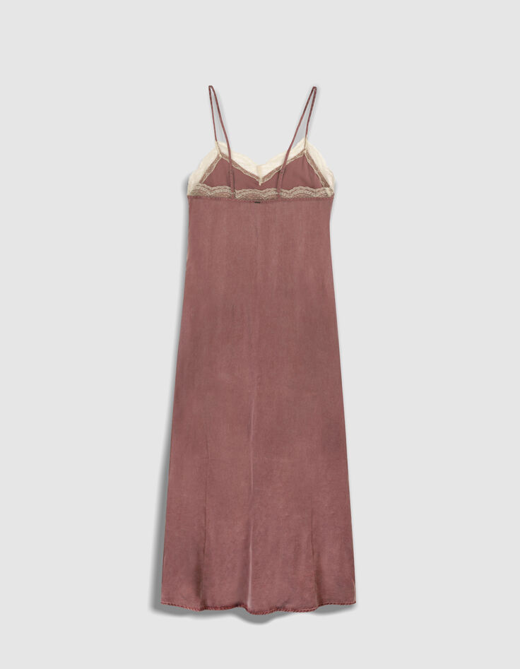 Mujer vestido largo burdeos con detalle de puntilla y tirantes finos-7