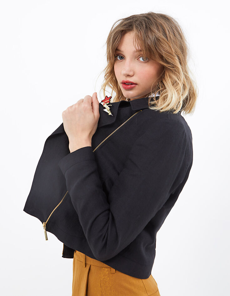Veste noire en lin esprit motard I.Code-2 Veste noire en lin esprit motard I.Code-2