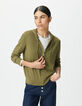 Khaki Damenstrickjacke Kapuze Lurex Fischgräten hinten-3