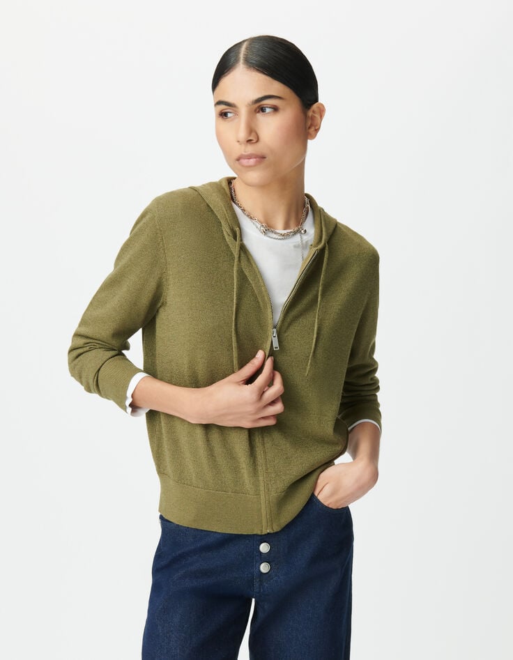 Khaki Damenstrickjacke Kapuze Lurex Fischgräten hinten-3 Khaki Damenstrickjacke Kapuze Lurex Fischgräten hinten-3