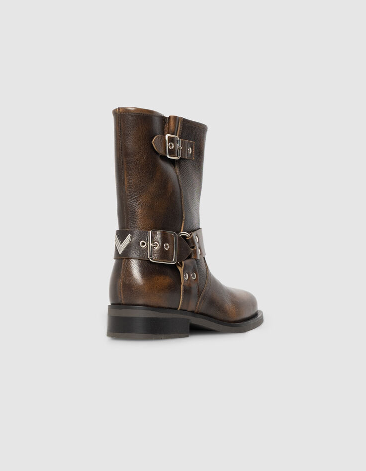 Braune Damenbikerstiefeletten Veloursleder 3 Schnallen-3