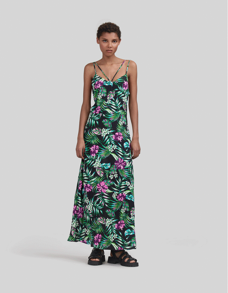 Robe longue noire LENZING ECOVERO imprime tropical Femme IKKS