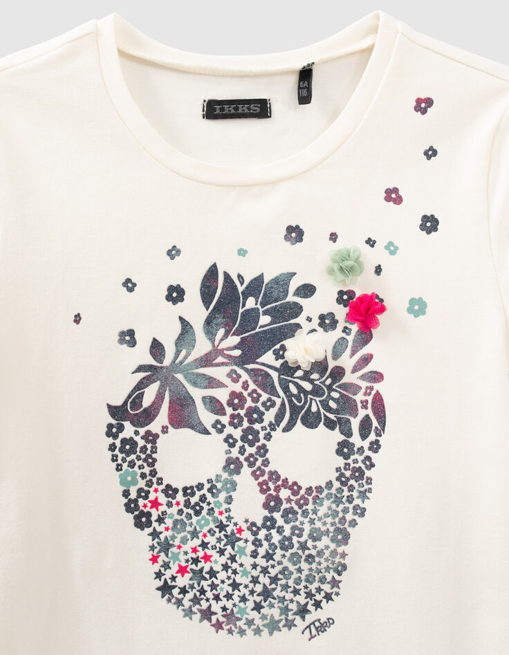 Ecru T-shirt doodshoofd glitterbloemen meisjes-3