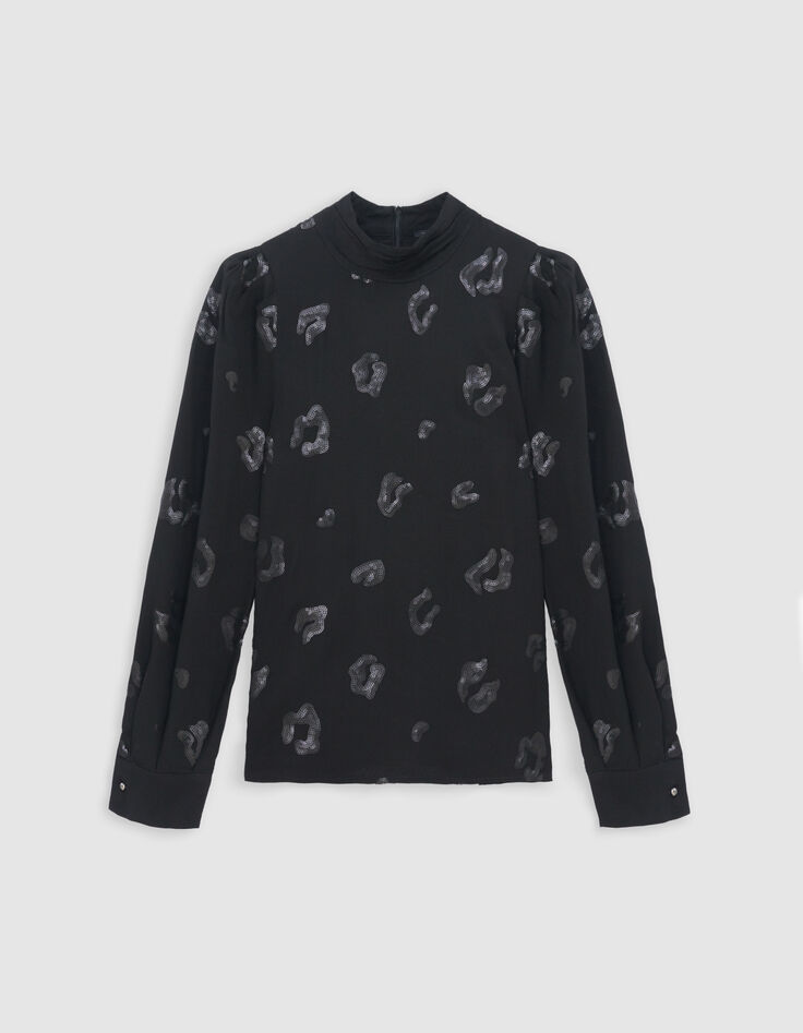 Blouse manche longue noire motif léopard brodé sequins Femme-7