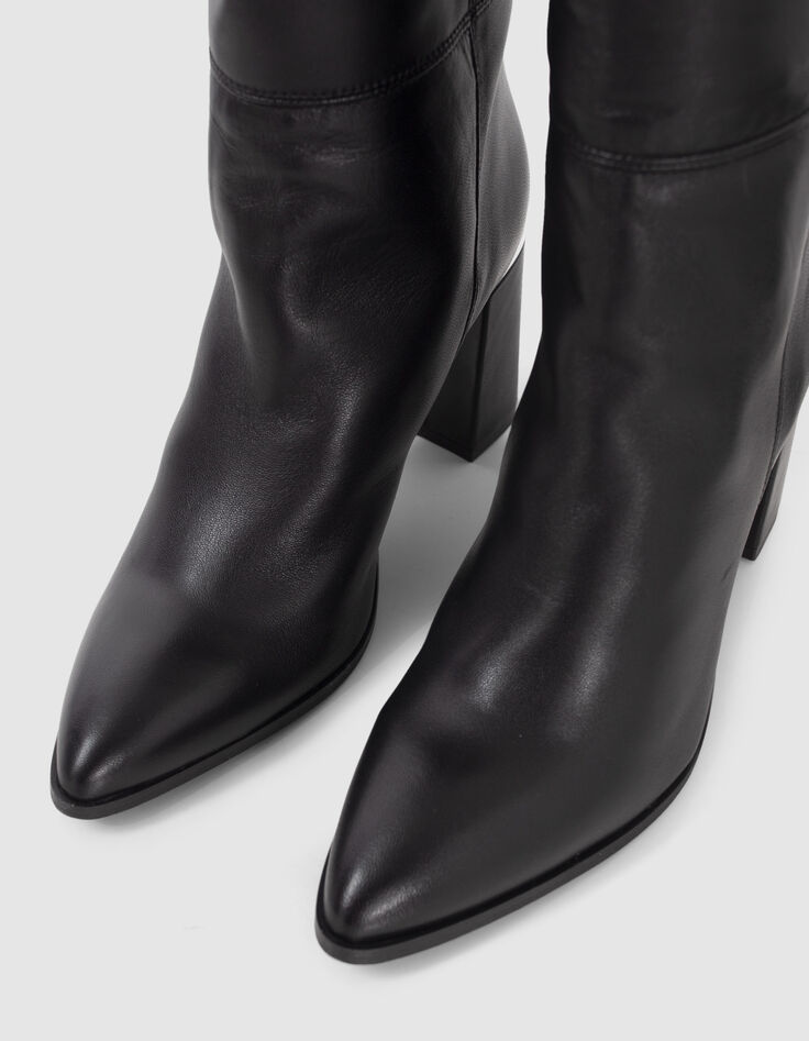 Women’s black leather heeled boots with metal bar-5