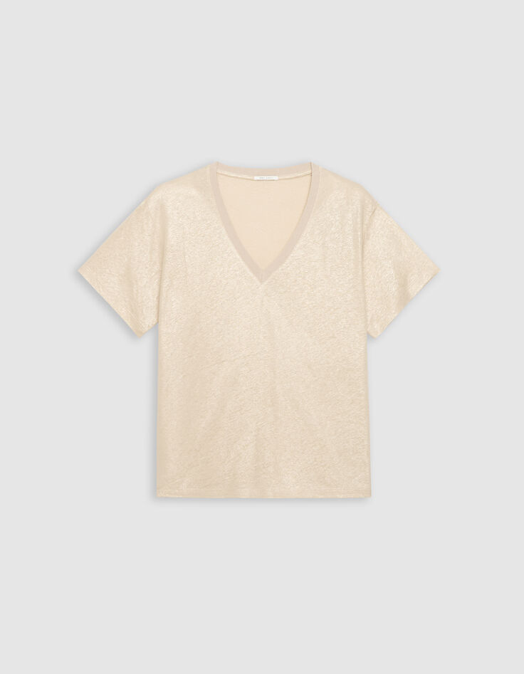 Camiseta manga corta beige irisado acanalada mujer-5