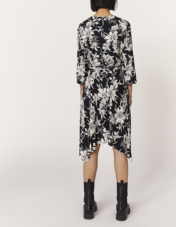 Robe midi en crêpe imprimé floral noir et blanc femme-2