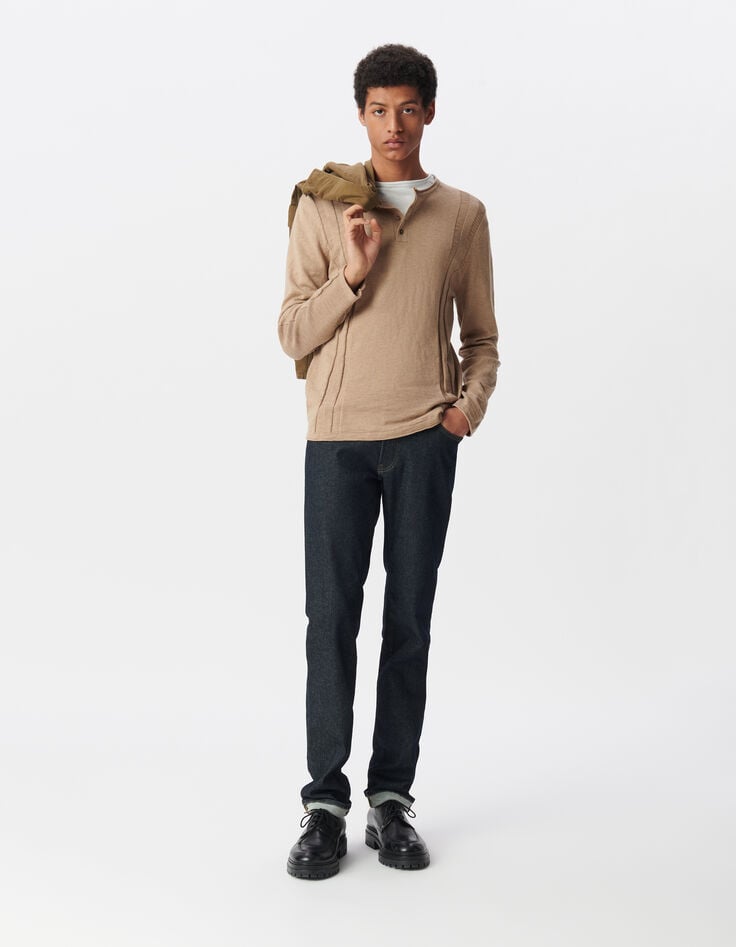 Herrenpullover, beige, Biowolle, Feinstrick, Tunikakragen-1