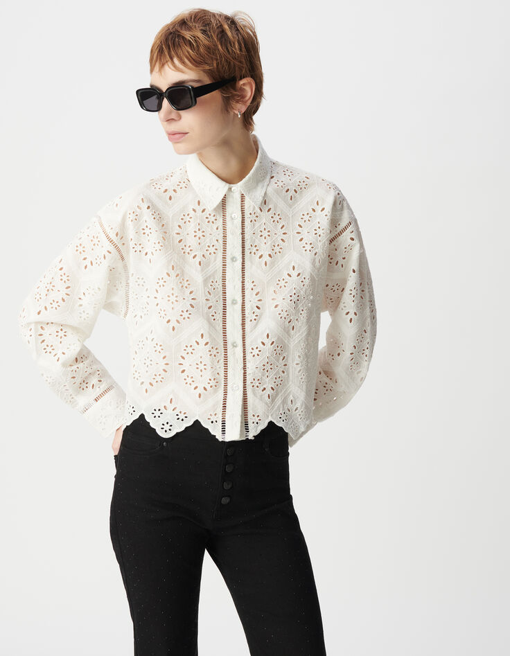 Wit opengewerkt biologisch katoenen shirt Dames-2