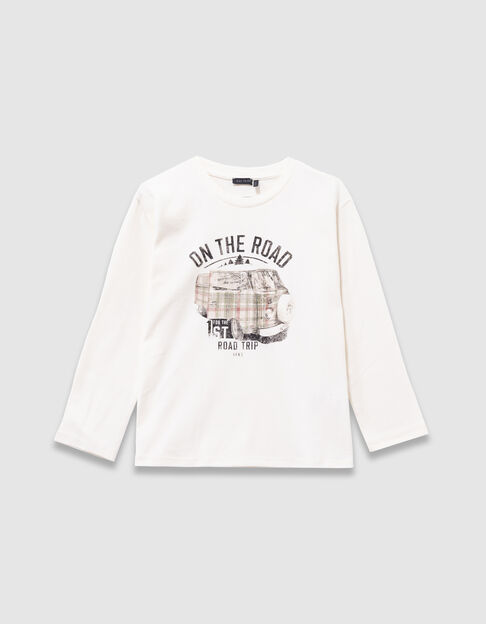 Boys’ white organic cotton T-shirt with printed van image - IKKS
