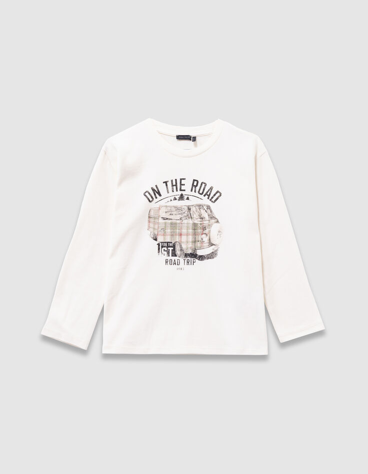 Boys’ white organic cotton T-shirt with printed van image-1