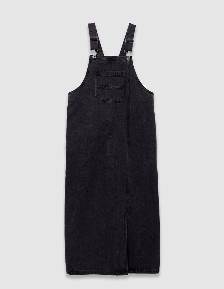 Robe-salopette midi en jean gris fendue fille-4 Robe-salopette midi en jean gris fendue fille-4