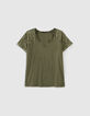 Women's khaki quilted-sleeve T-shirt-6