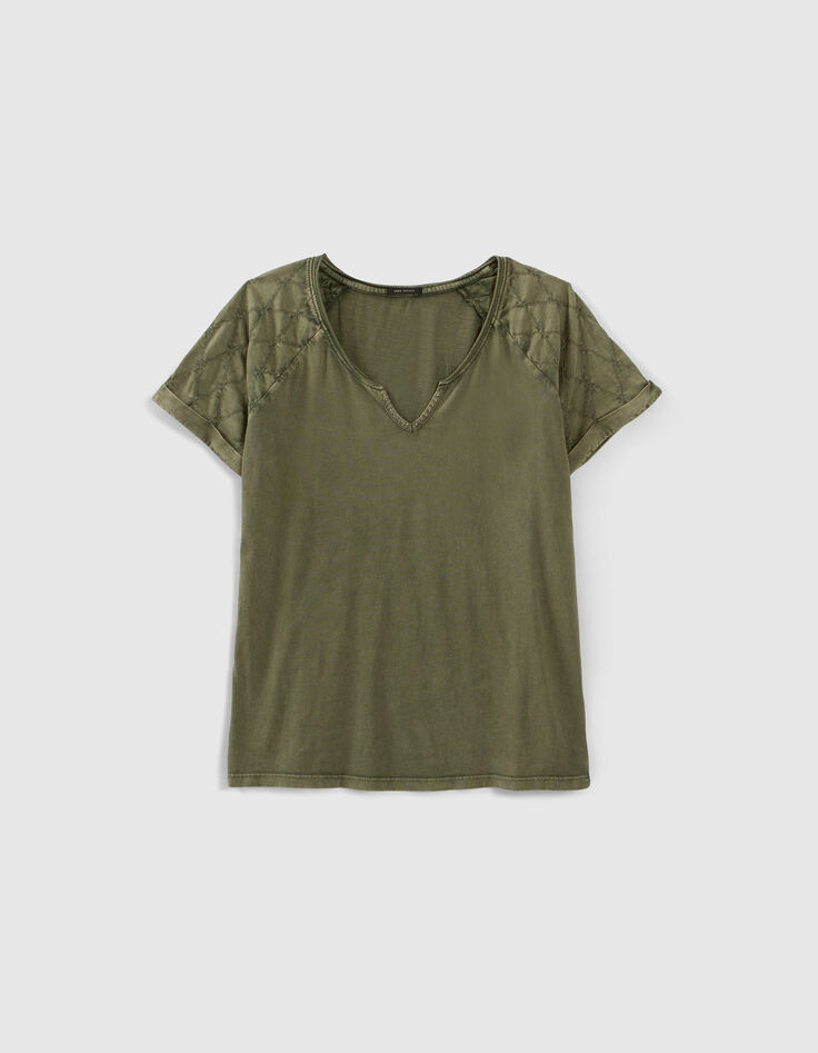 Women's khaki quilted-sleeve T-shirt-6 Women's khaki quilted-sleeve T-shirt-6