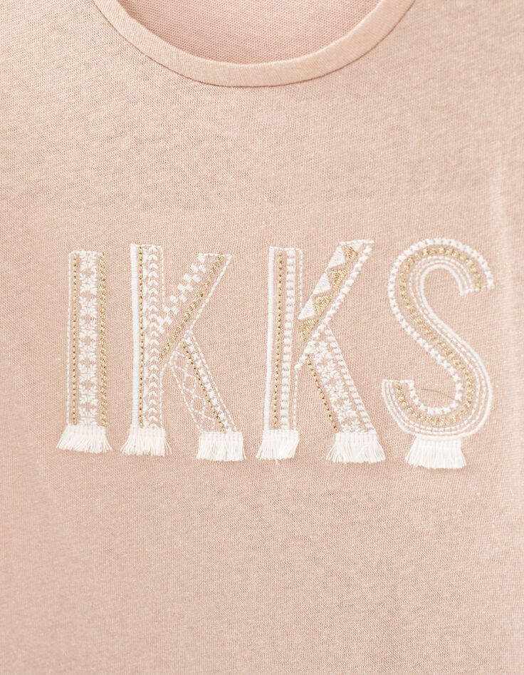 Camiseta champán purpurina y letras bordadas niña-2