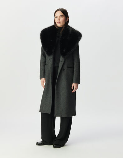 Grijze rechte mantel met afneembare zwarte bontkraag - IKKS
