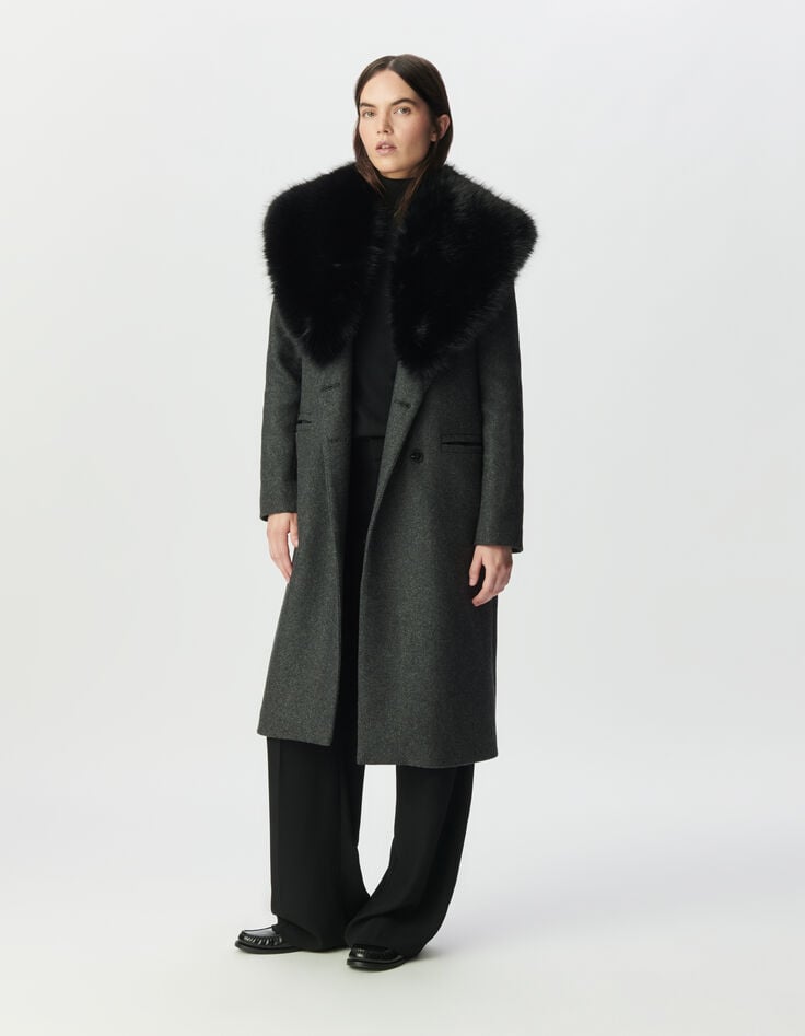 Women’s grey straight coat, detachable black fur collar-2