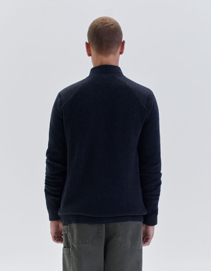Marineblauer Herrenrippstrickpullover mit Troyerkragen-3