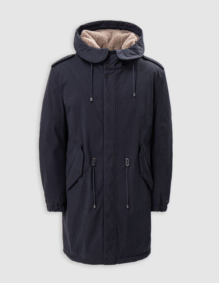 Men's navy blue parka with beige sherpa lining-6