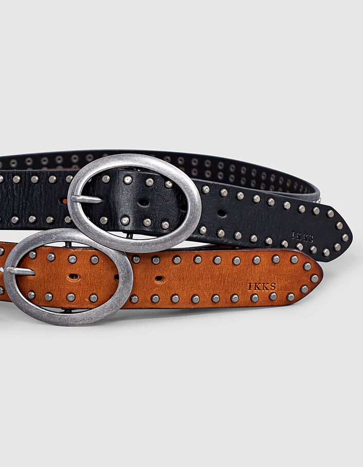 Women’s black leather belt with metal buckle and studs - IKKS