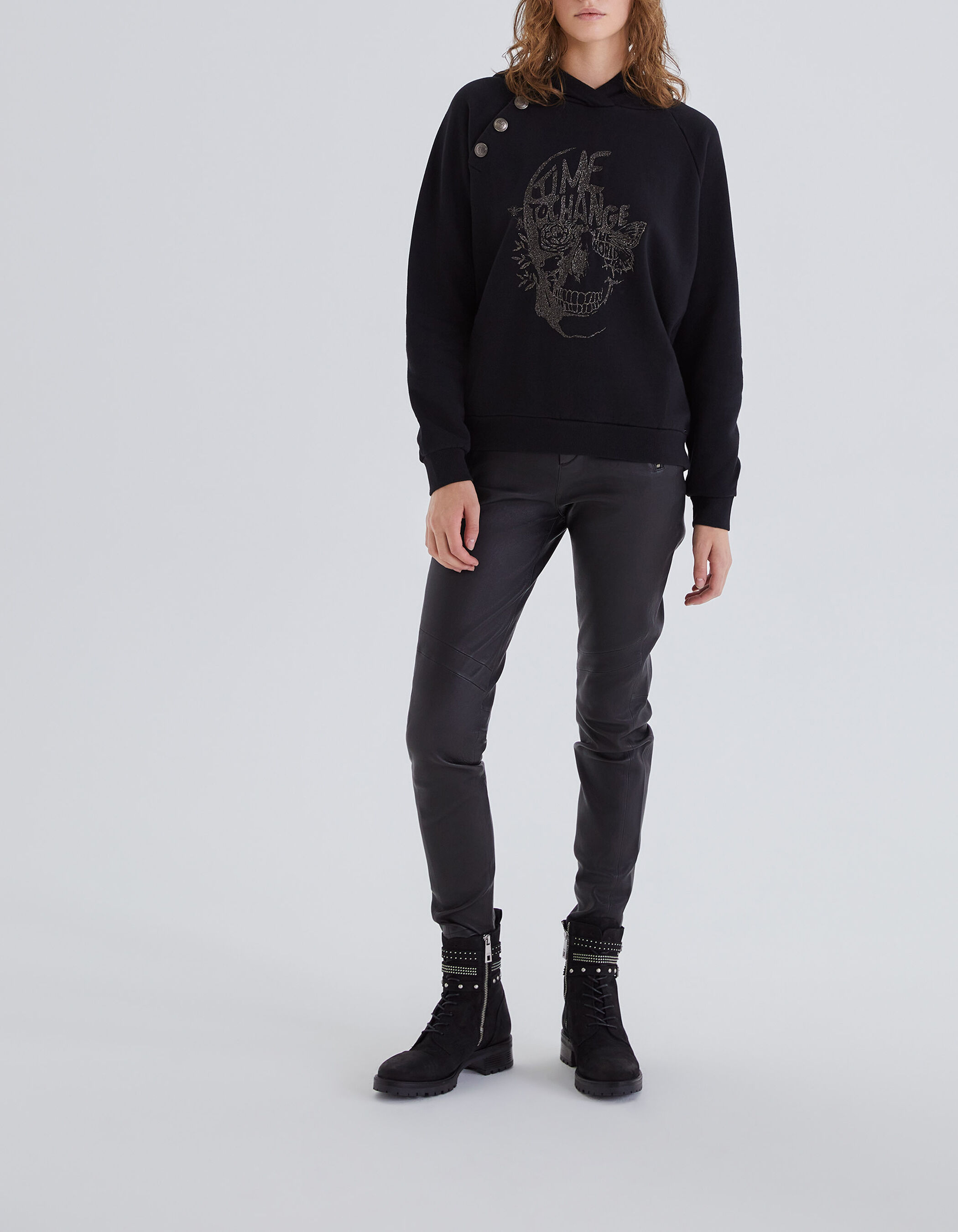 Women s black hoodie with embroidered skull and slogan