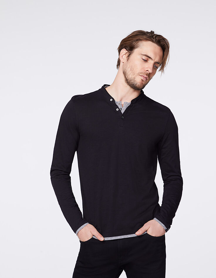 Zwart heren-T-shirt met kraag in trompe-l'oeil-3