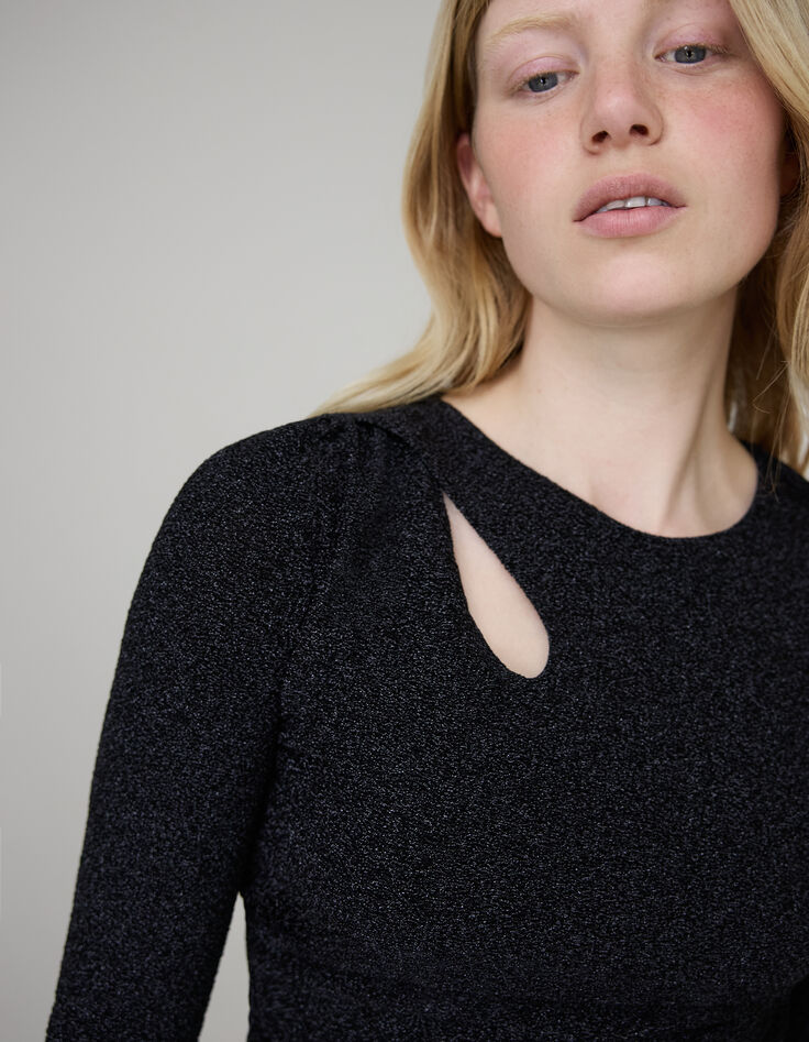 Pure Edition-Robe noire maille lurex col asymétrique Femme-5