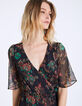 Robe longue col V en voile imprimé floral métallisé-4