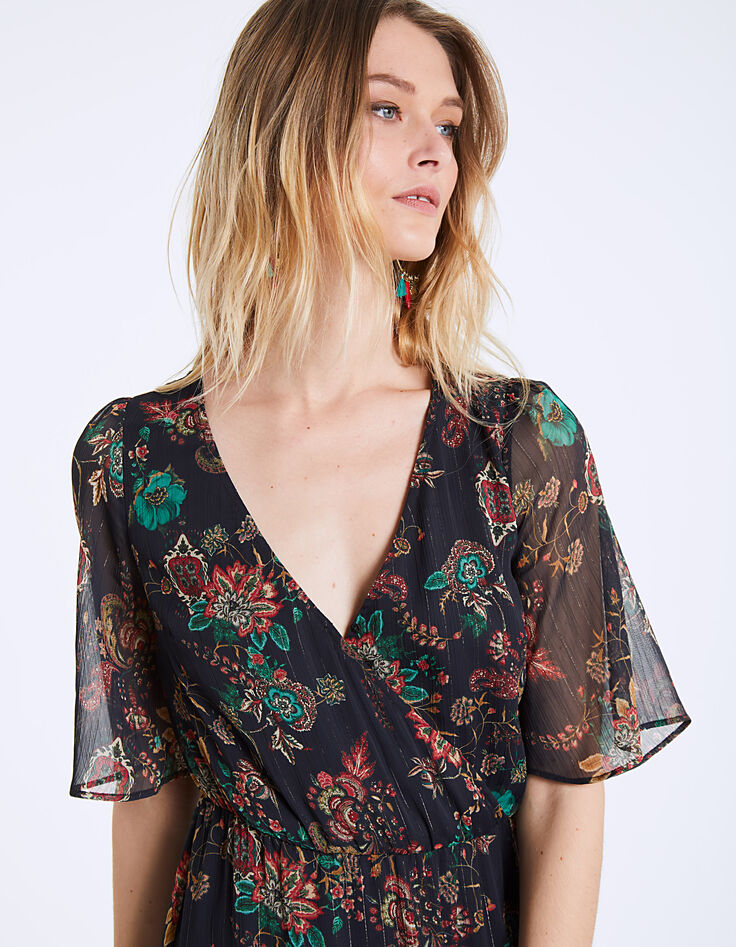 Robe longue col V en voile imprimé floral métallisé-4