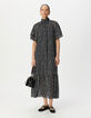 Women’s navy polka dot print long dress with draped collar-2